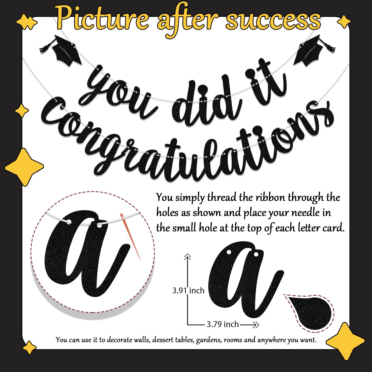 You Did It Congratulations Banner Class of 2026 Banner 2026 Graduation Party Decorations Black Glitter - Image 2