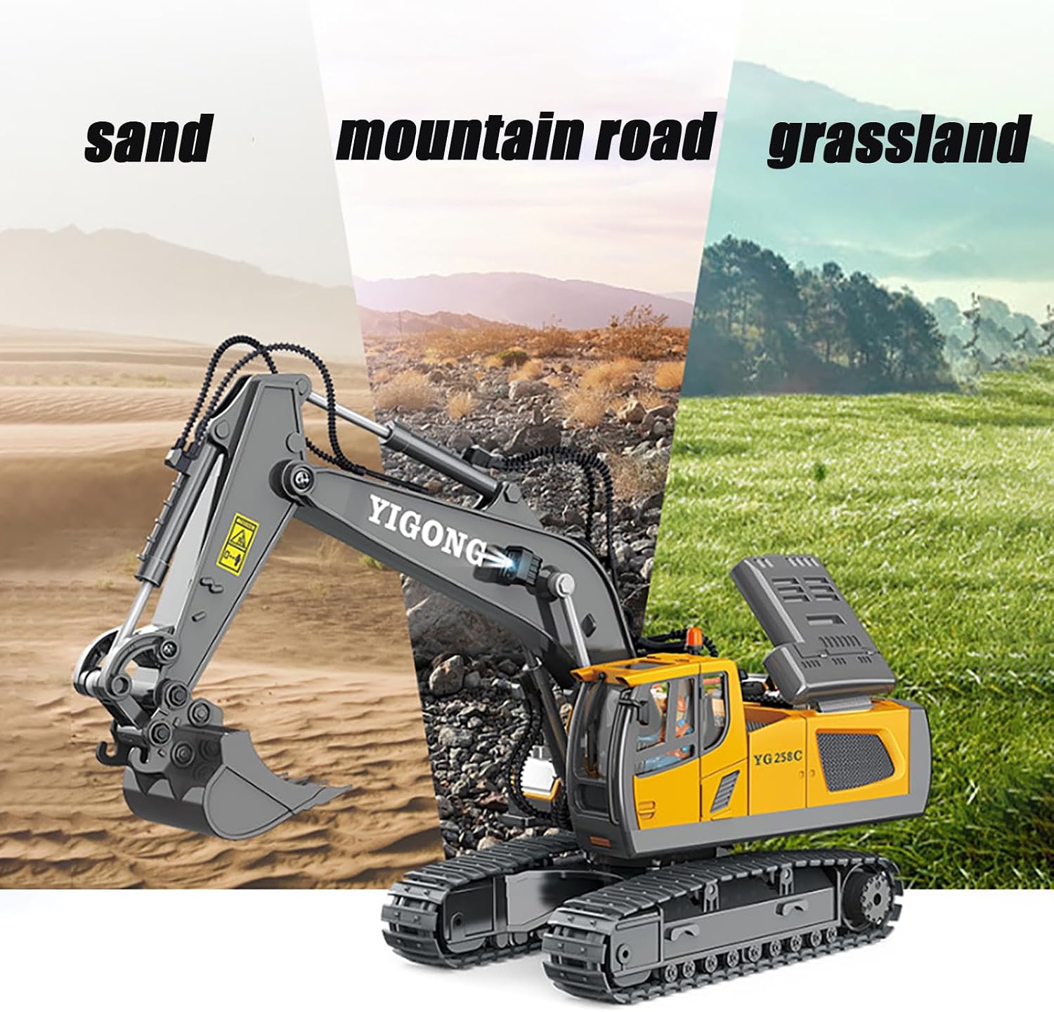 Remote control layout for GoolRC RC Excavator, showing buttons for forward, backward, turn, digging, unloading, console rotation, sound, light, and one-click demo.