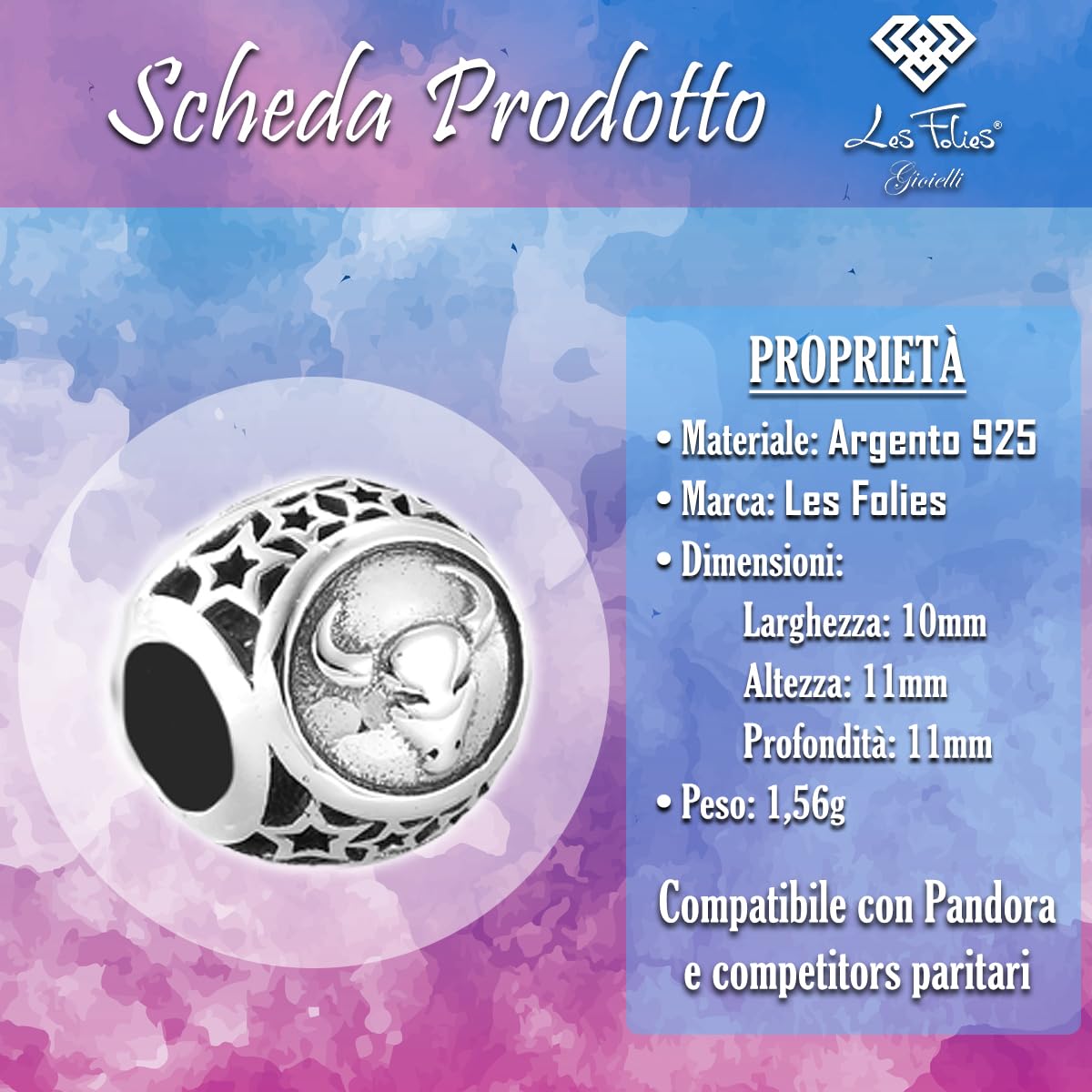 Sternzeichen Anhänger Stier Horoskop Sternzeichen 925 Silber - Les Folies für Pandora, Sterling-Silber, Zirkonia