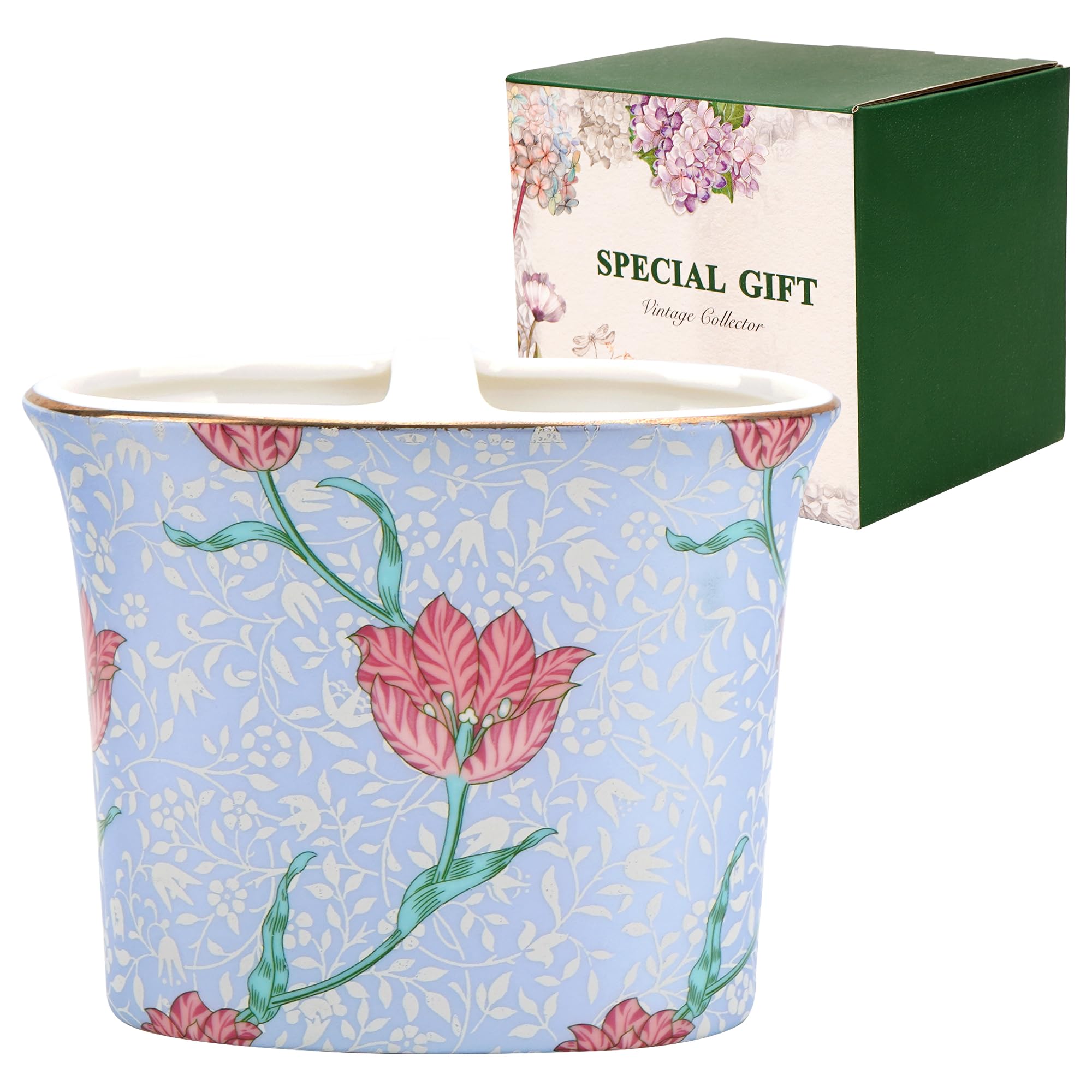 DODAMOUR Vintage Floral Toothbrush Holder, Ceramic Tulip Bathroom Vanity Organizer with Gold Rim, Elegant Countertop Caddy for Toothpaste, Makeup Brushes, Gift-Boxed (Blue)