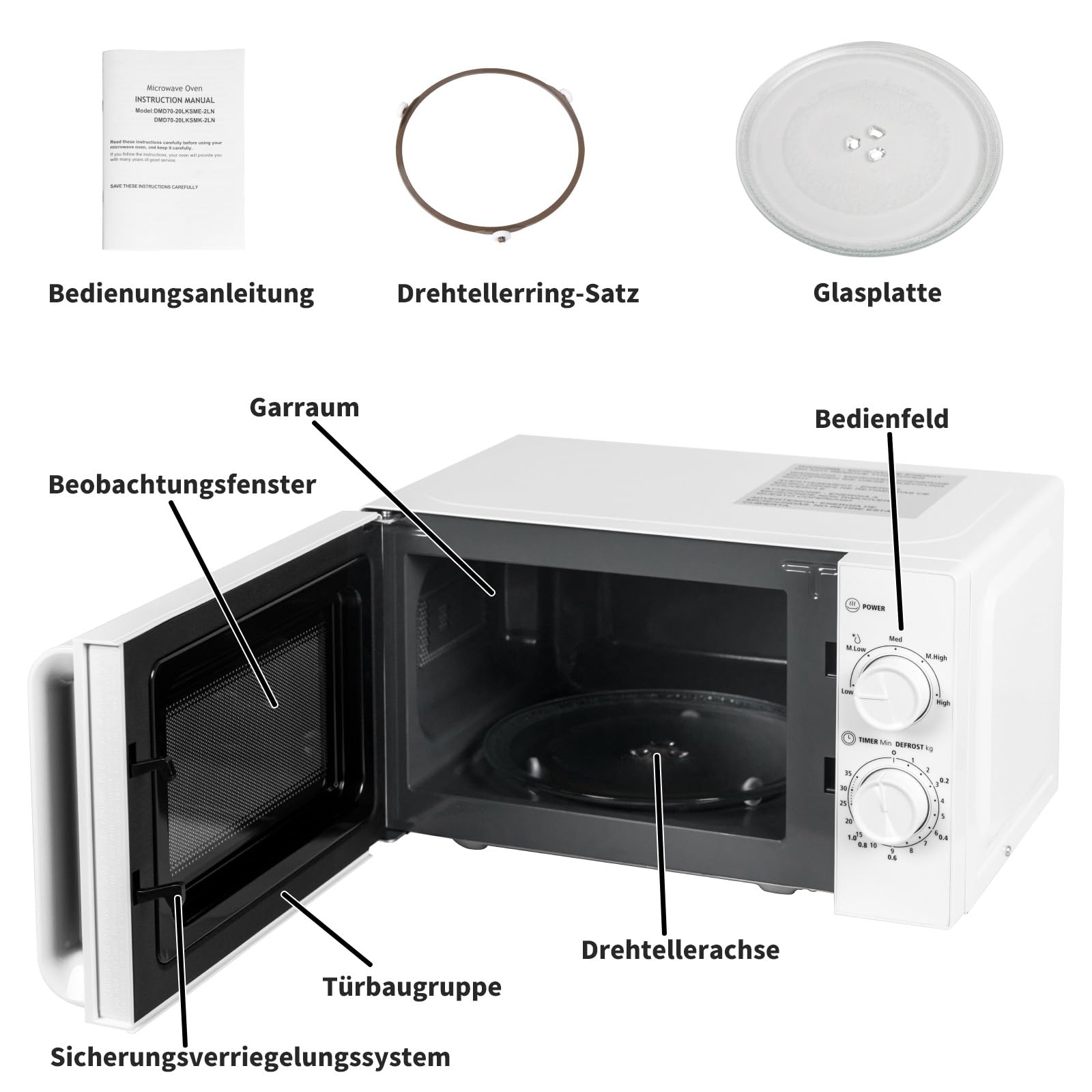 Smad Solo-Mikrowelle 20L, 700W, Mikrowelle Klein, 5 Leistungsstufen, Auftaufunktion nach Zeit/Gewicht, 35-Minuten-Timer, Drehteller 255mm, Weiß