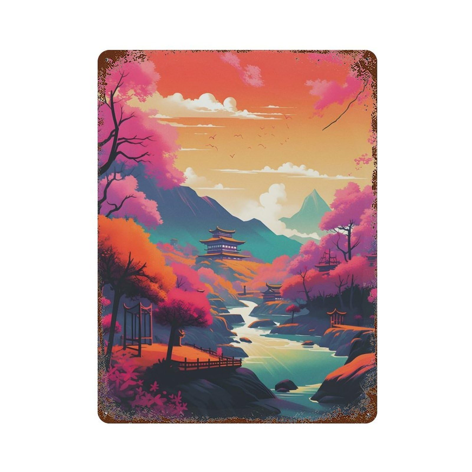 Riverside in Japanese 15.7"x11.8" Rust Effect Tin Sign, Industrial Home Decor for Living Room, Hallway And Home Decor