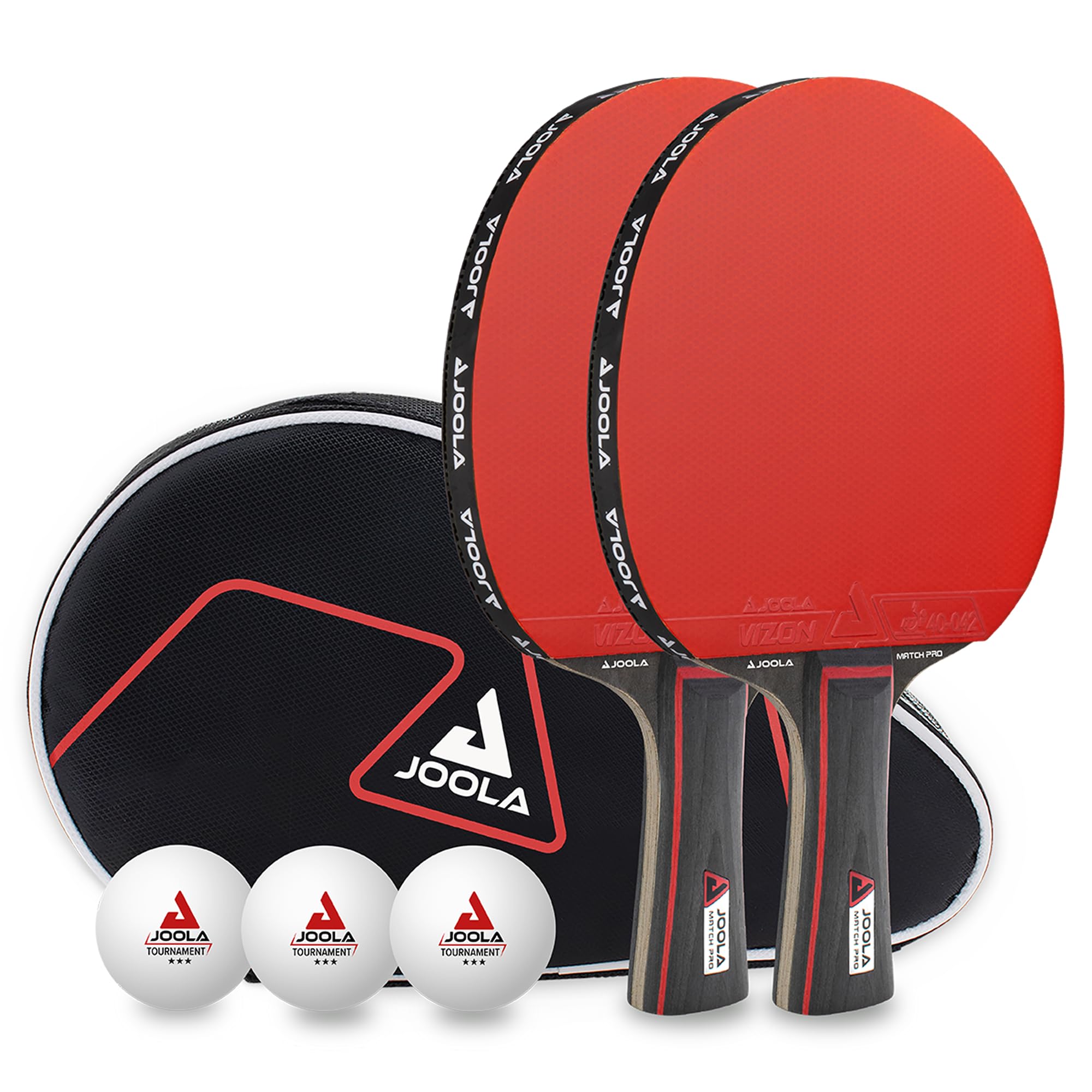 JOOLA Duo Pro 2 Rackets 3 Ping Pong Balls + Protective Case, Red and Black, 6 Pieces