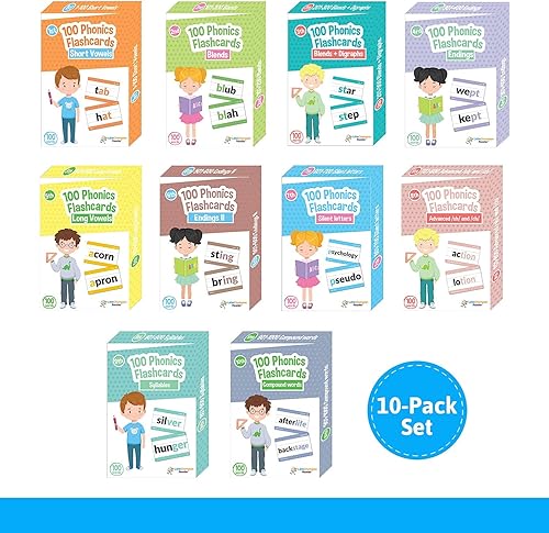 Miniatura 4 de Paquete de 1000 tarjetas flash fonéticas, 10 unidades, CVC corto, vocal larga, mezclas, dígrafo, final de palabras, letra silenciosa, compuesto,