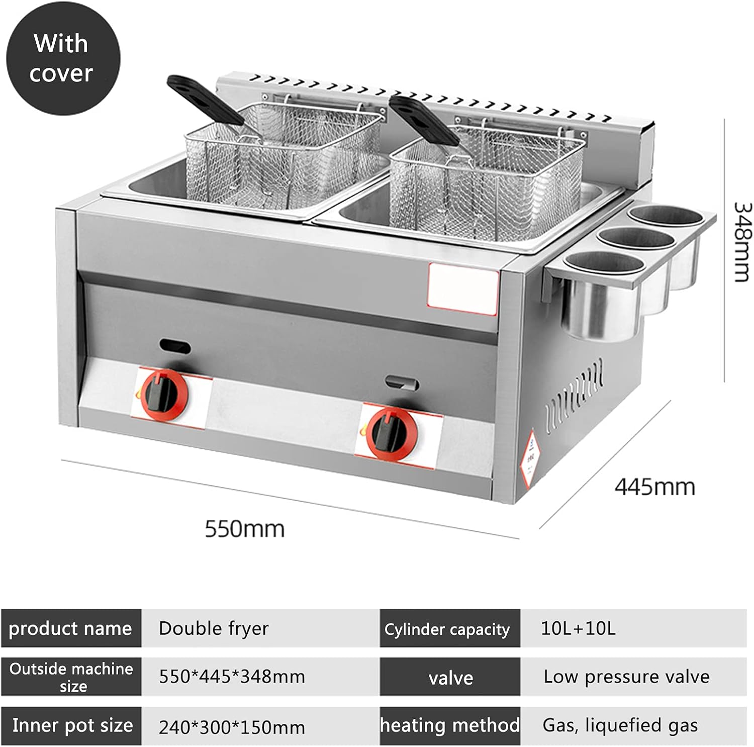 Gas Fryer 22L Large Capacity Gas Fryer Stainless Steel Home Commercial LPG Fryer Adjustable Firepower with Baskets and Lids for Chips Donuts Fisc