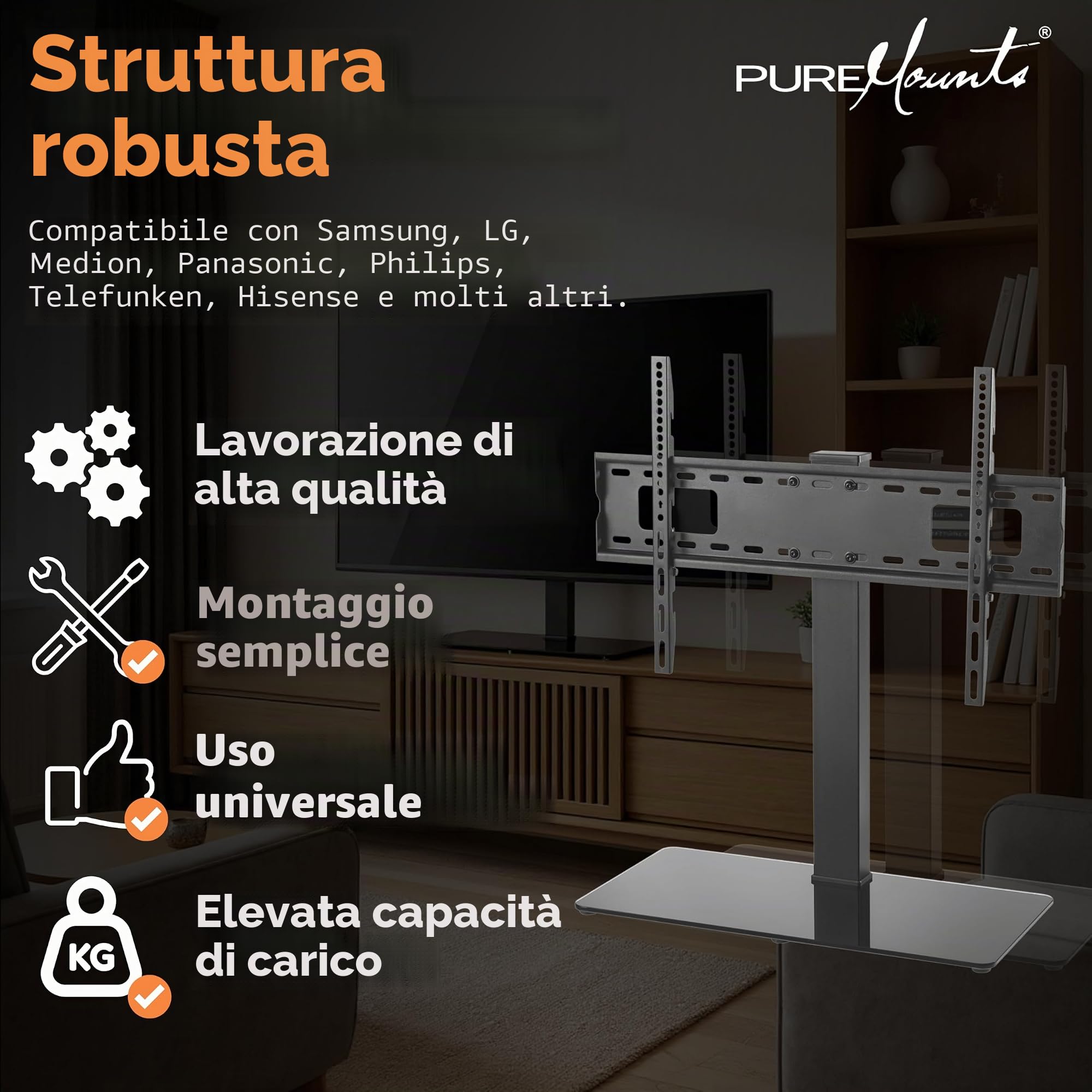 PureMounts Supporto TV, supporto, supporto TV universale per 37-70 pollici Samsung, LG, Philips, Panasonic e molti altri, Max. Vesa 600x400 & 40 kg, nero