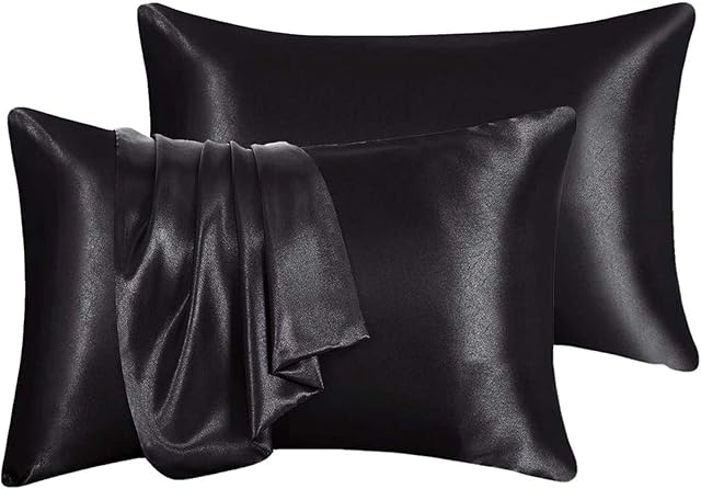 2 Pack Satin Pillowcase for Hair and Skin - Softer Than Silk - Black Satin Pillowcases Anti Wrinkle and Stain Resistant - Standard Pillow Cases Cover with Envelope Closure (51x76cm)