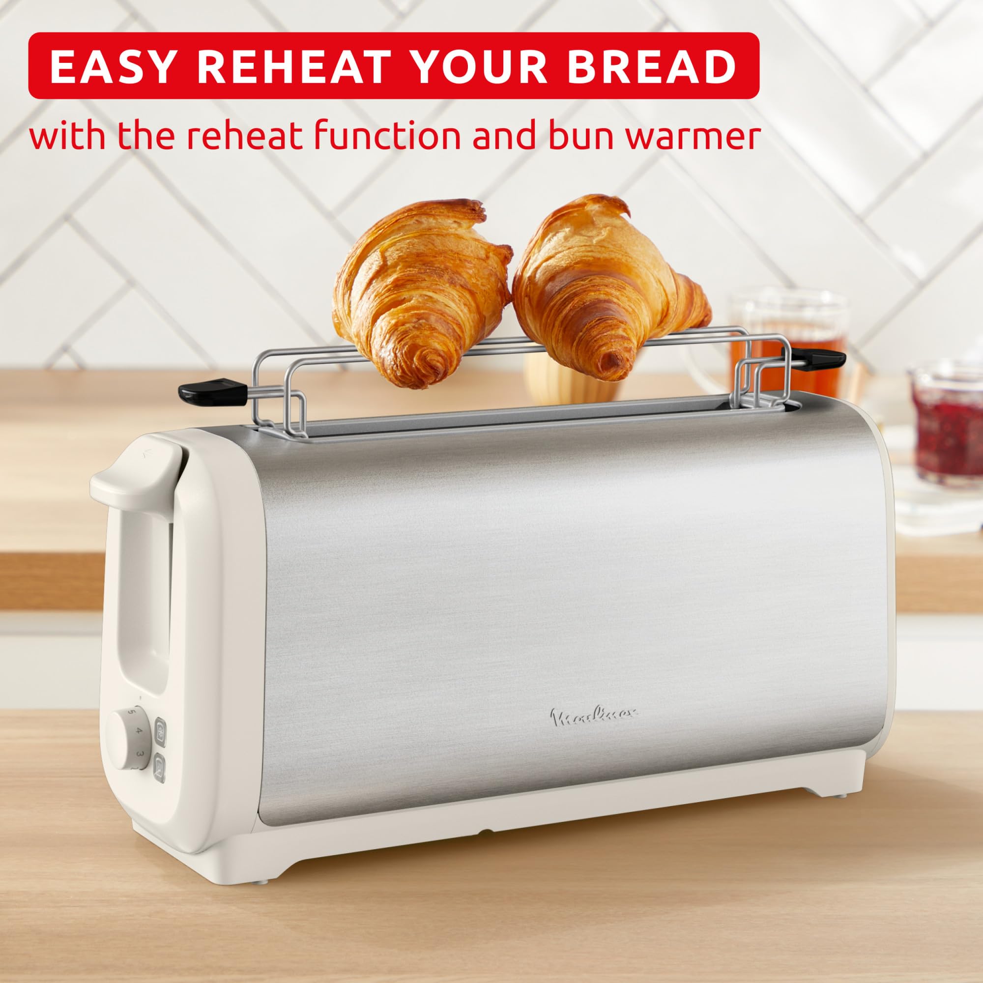 Moulinex Subito, Grille-pain longue fente avec chauffe-viennoiseries, Dorage plus rapide, Économies d'énergie, Rise et inox, LS5S1AE0