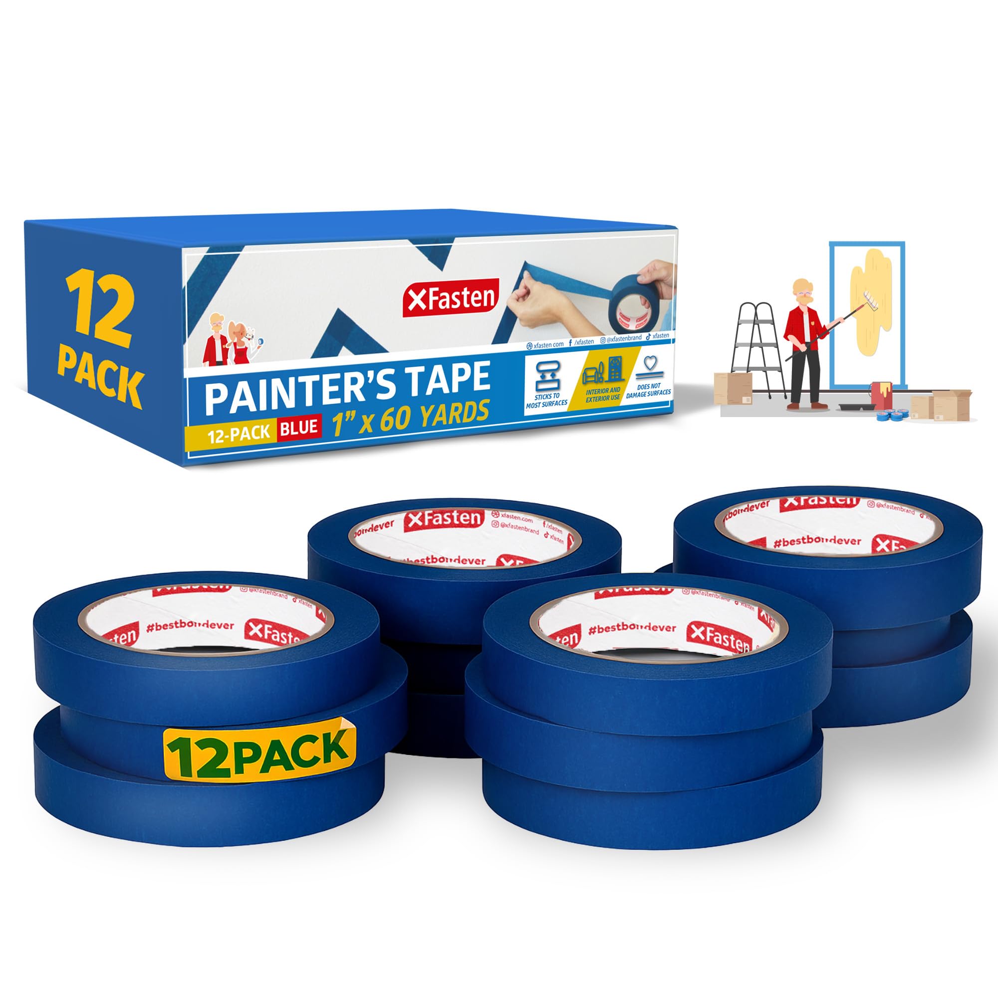 XFasten Blue Painters Tape 1 Inch Wide x 60 Yards 12-Pack Bulk, UV Residue-Free Blue Masking Tape for Clean Lines, Indoor and Outdoor Multi-Surface Use - Sharp Paint Lines for Walls, Easy Removal