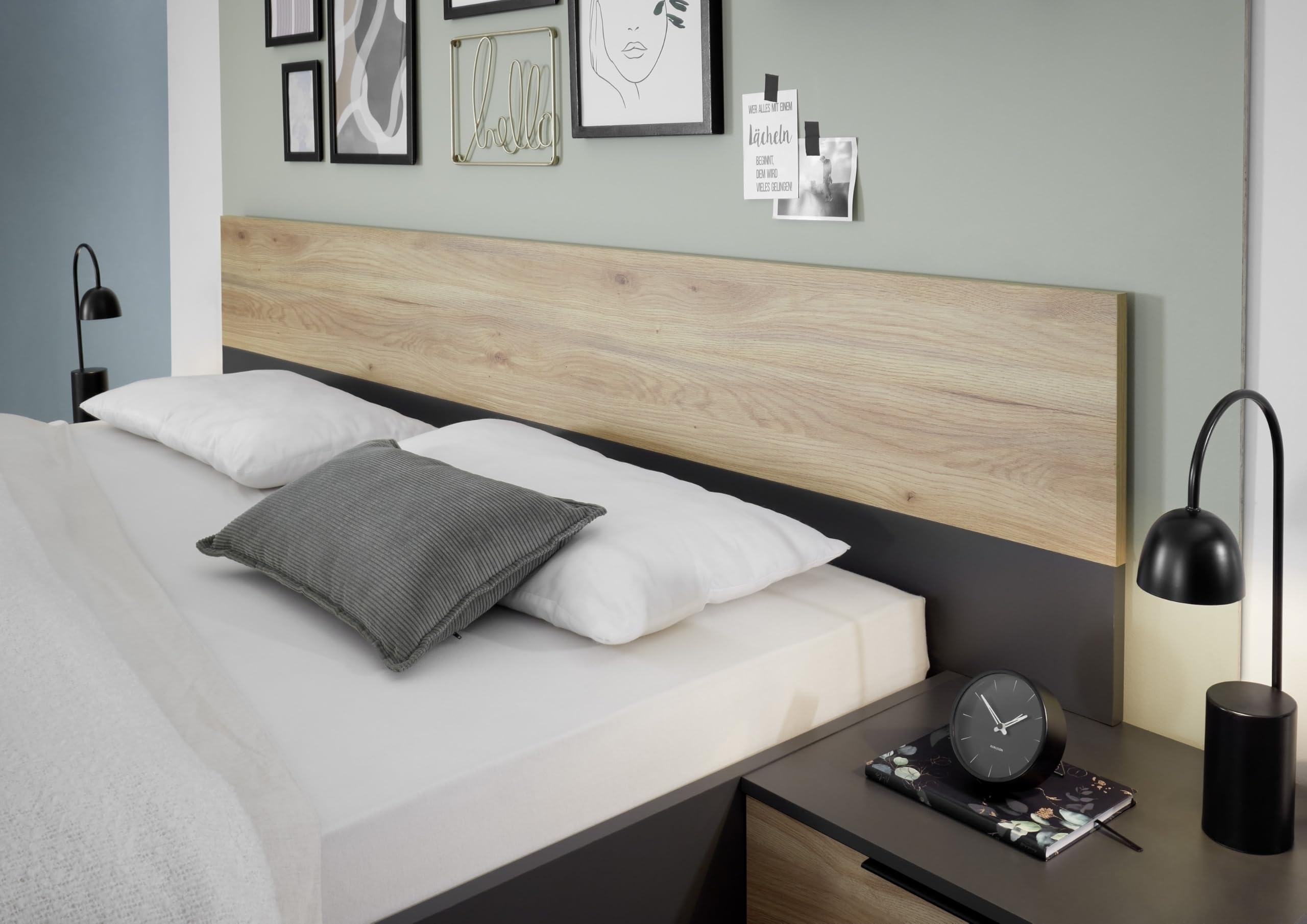 möbelando Bettanlage >Aska< Modernes Bett mit 2 Nachtkommoden, Stauraum, 180x200 cm Liegefläche, Graphit und Mauvella Eiche Dekor, Pflegeleichte Oberfläche, zerlegt geliefert, 285x95x205 (BxHxT)