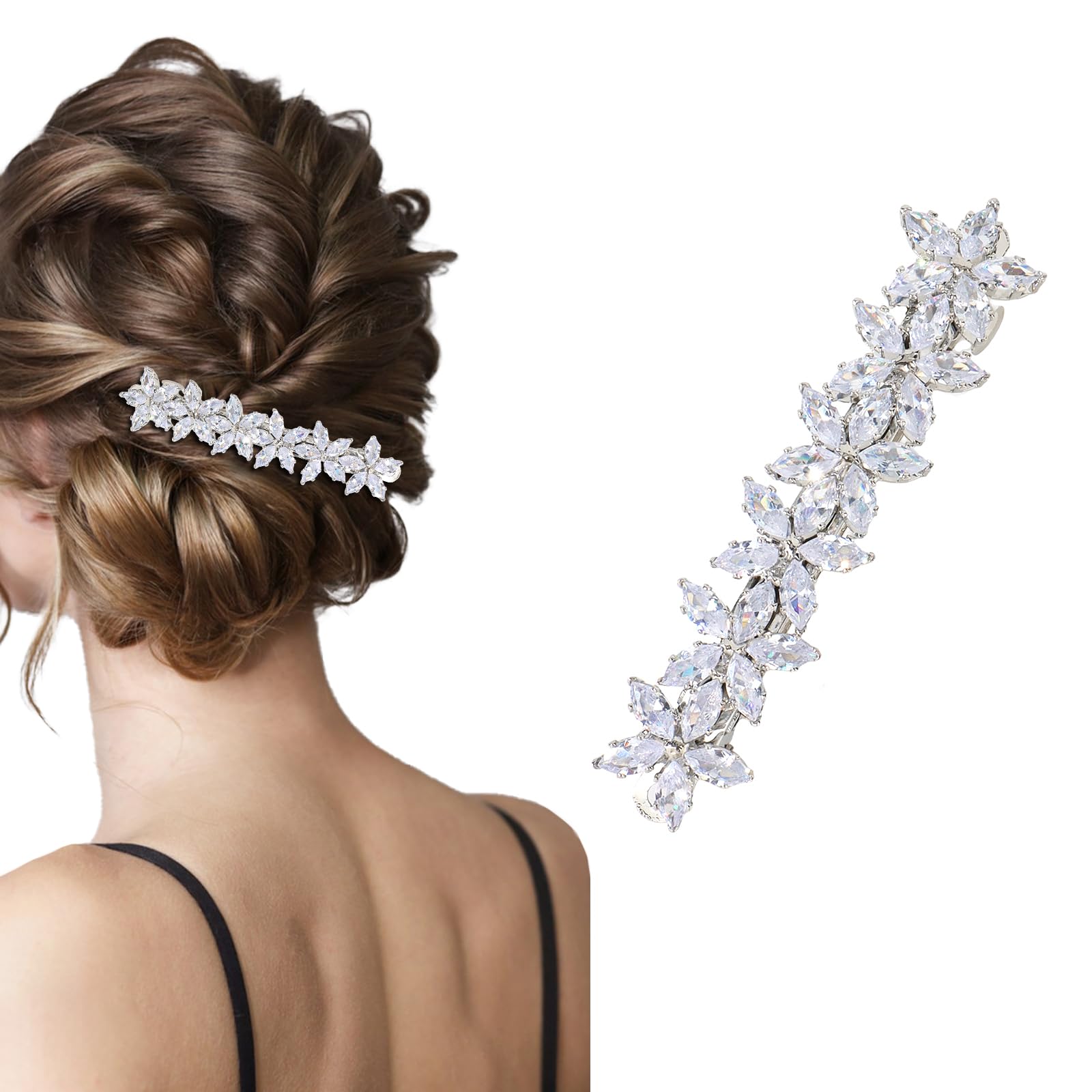 CURASA Rhinestone Bridal Hair Clip Metal Flower Crystal Decorative Hair Barrettes Silver Sparkly Hair Pins Jewelry Alligator Barrette Elegant Head Pieces For Women Girls Bride Bridesmaid Wedding Party