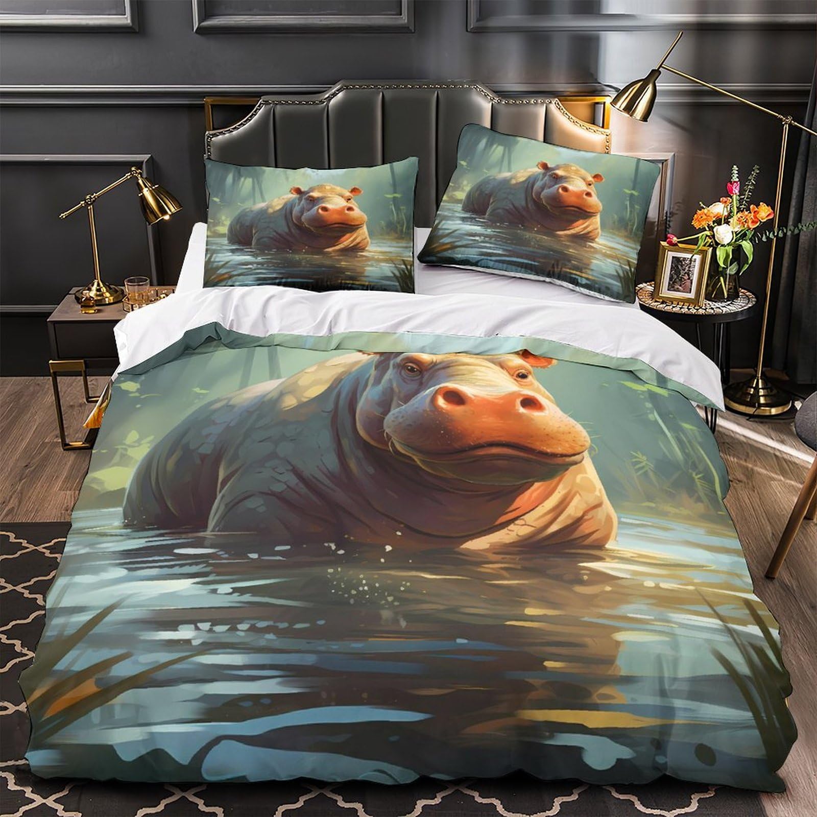Housse de couette hippo 220x240 cm en microfibre avec 2 taies d'oreiller pour lit King