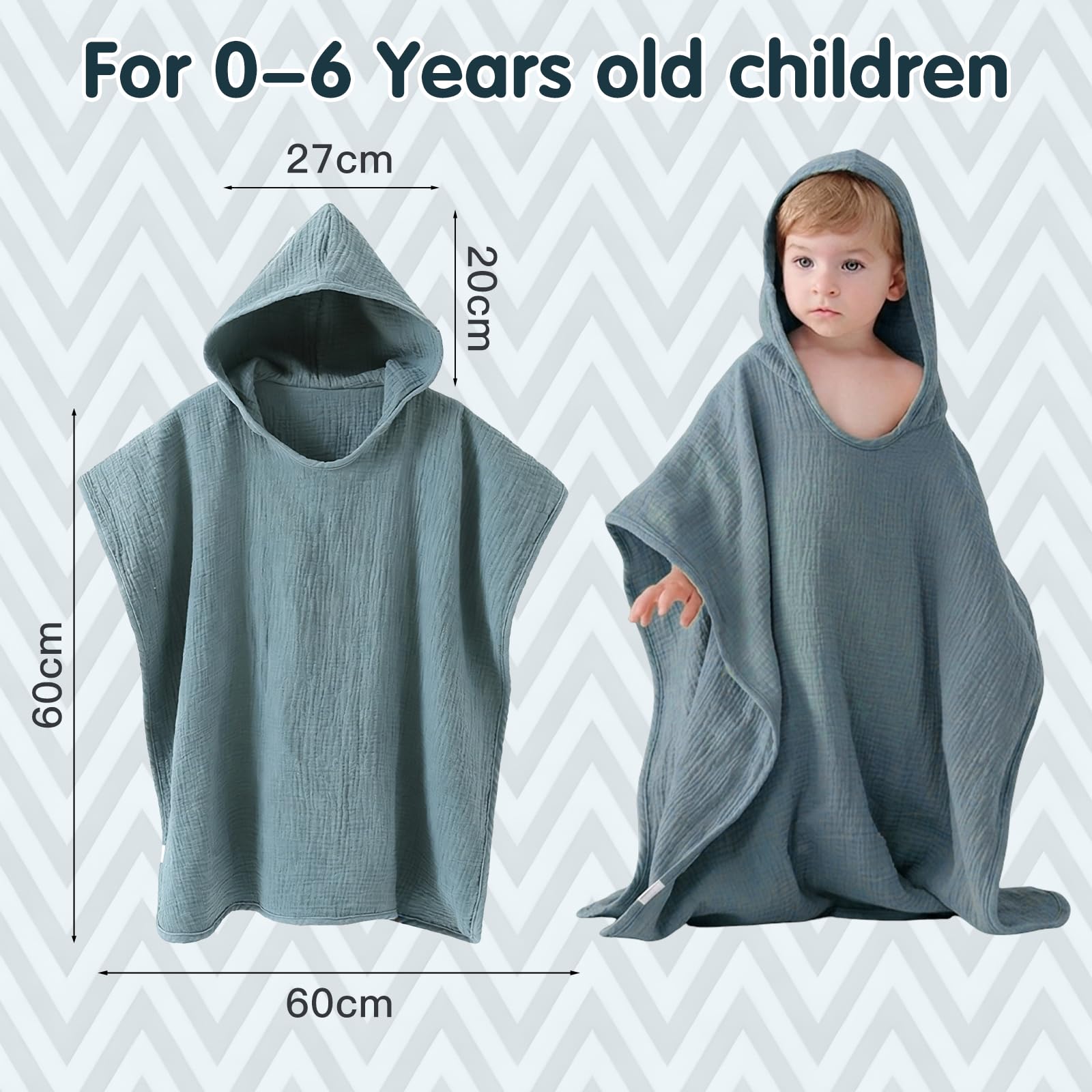 Asciugamano per Bambini, Poncho da Bagno per Neonato Bambino con Cappuccio in 100% Cotone Mussole, Teli Mare Ultra Morbido e Assorbente Accappatoio e Asciugamano Poncho Ragazze Ragazzi 0-6 Anni