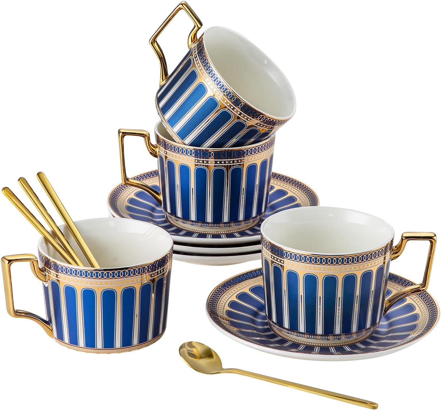 CwlwGO-European Style Ceramic Coffe Cup Sets,7 Oz bone China Beautifully Glazed Blue Gold Tea Cup and Saucer, Golden Spoon, Suitable For Women's Tea Party Or Gift Giving .(4 pack).……