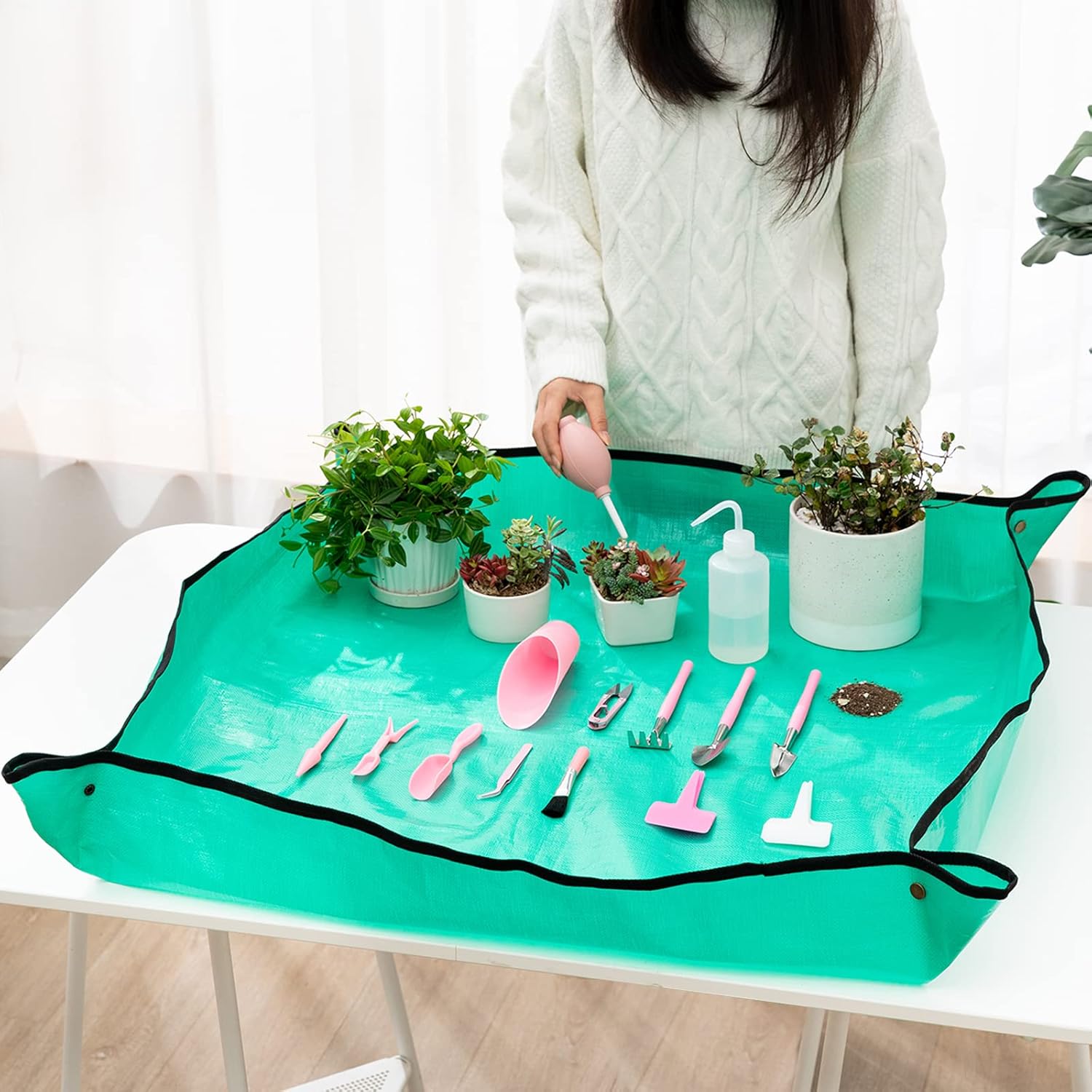 Melphoe 25Pcs Mini Garden Hand Transplanting Succulent Tools Set, 39.4" Thickened Repotting Mat & Plant Tag, Miniature Planting Indoor Fairy Care, Potting, Cactus, Houseplant Bonsai Tool Kit (Pink)
