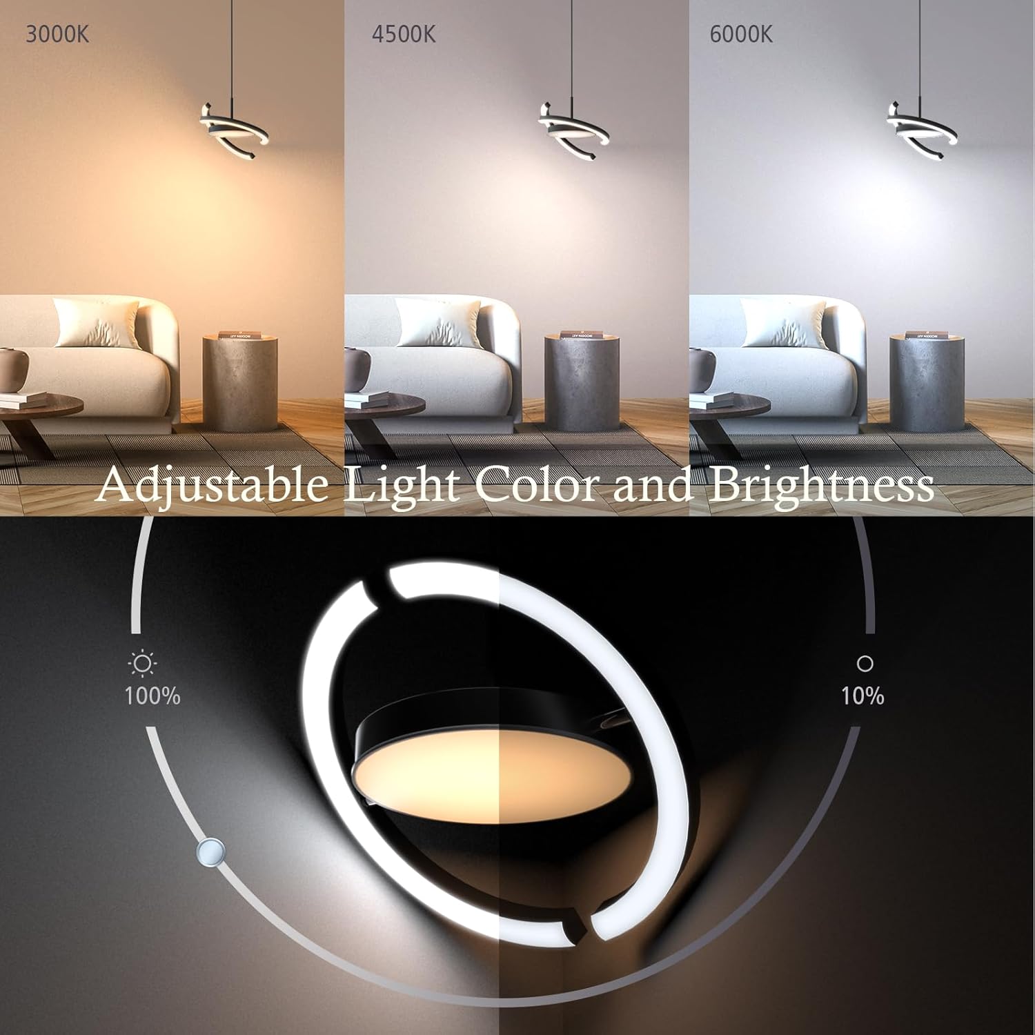 Three panels showing the FIMEI LED Saturn Pendant Light at 3000K, 4500K, and 6000K color temperatures, demonstrating adjustable light color and brightness.