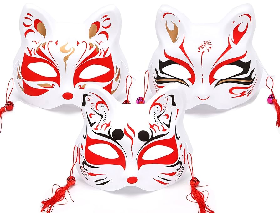 Amazon.co.jp: VTEERY(みさ) お面 狐面 半面 猫面 鈴付き 3枚
