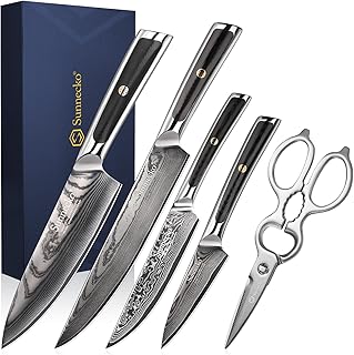 Sunnecko Damastmesser Set 5-teilig - Küchenmesser Set Messer Set - Damast Messer Scheren Kochmesser Profi Messerset Damaszener Stahl Küchenmesser,Geschenk für Köche