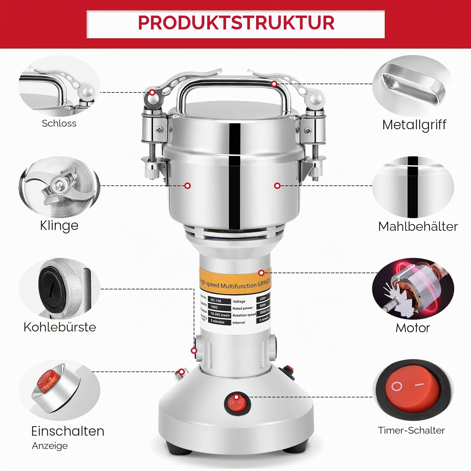 150g Tragbare Getreidemühle 220 V Hochgeschwindigkeits Schleifmaschine Mehl Pulver Maschine für Kräuter/Gewürze/Nüsse/Getreide mit Überlastschutz
