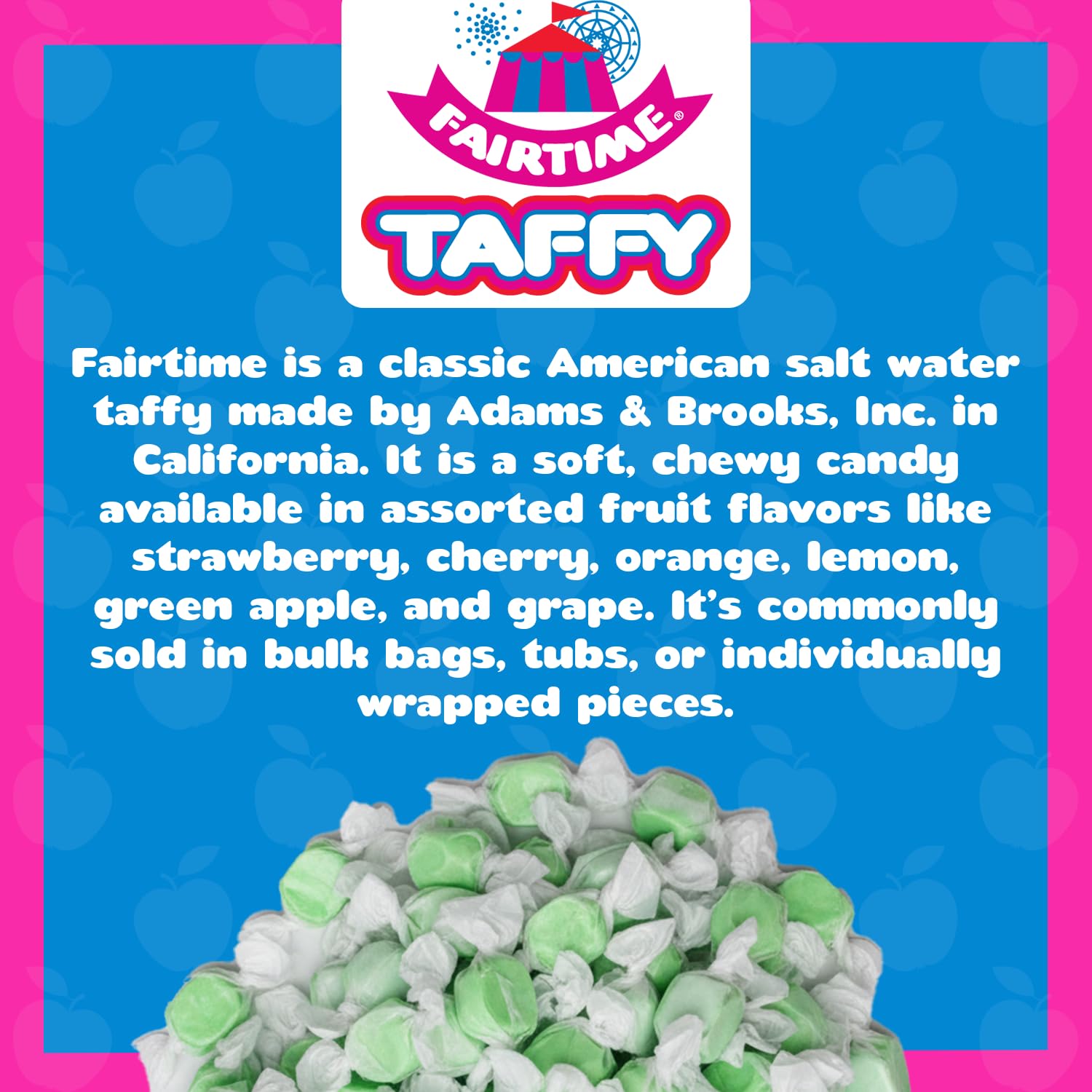 Fairtime Green Apple Taffy, 3 Pound Bag (Pack of 1) - Individually Wrapped Saltwater Taffy Candy Bulk Pack - Soft & Chewy Candy for Buffet, Party, or Wedding Favors - Kosher Certified Soft Candies
