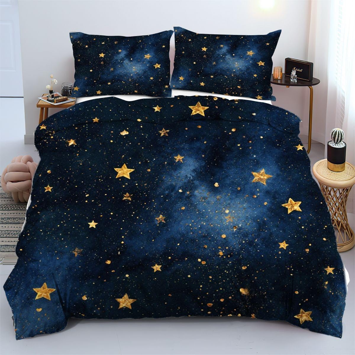 Parure de lit 220x240 cm étoiles jaunes grand confort pour adolescent et adulte