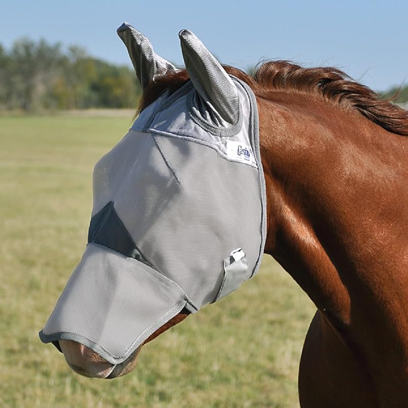 Máscara contra moscas para cavalos Cashel Crusader com orelhas e focinho longo, Cinza, 55 g