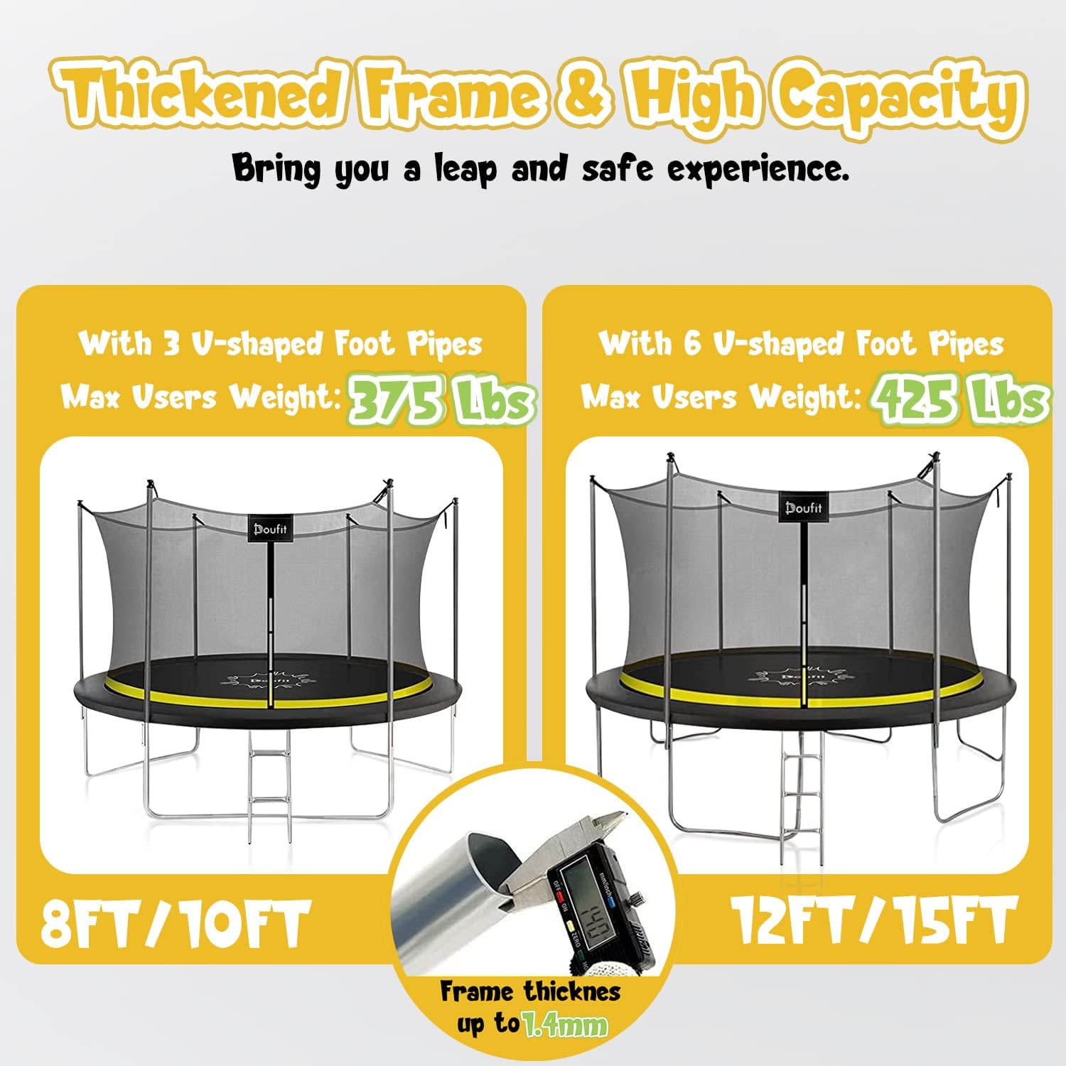 Doufit Upgraded 8FT 10FT 12FT 15FT Trampolines with Enclosure Net and Ladder, ASTM Approved Outdoor High-Capacity Family Yard Recreational Trampoline for Kids & Adults with PVC Cover & Wind Stake