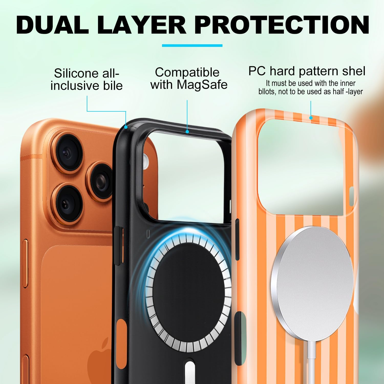 Magnetic for iPhone 17 Pro Max Case Cute Stripes Phone Case, Shockproof Slim TPU and Hard PC Protective Phone Cover Compatible with MagSafe Designed for Women Girls, Orange