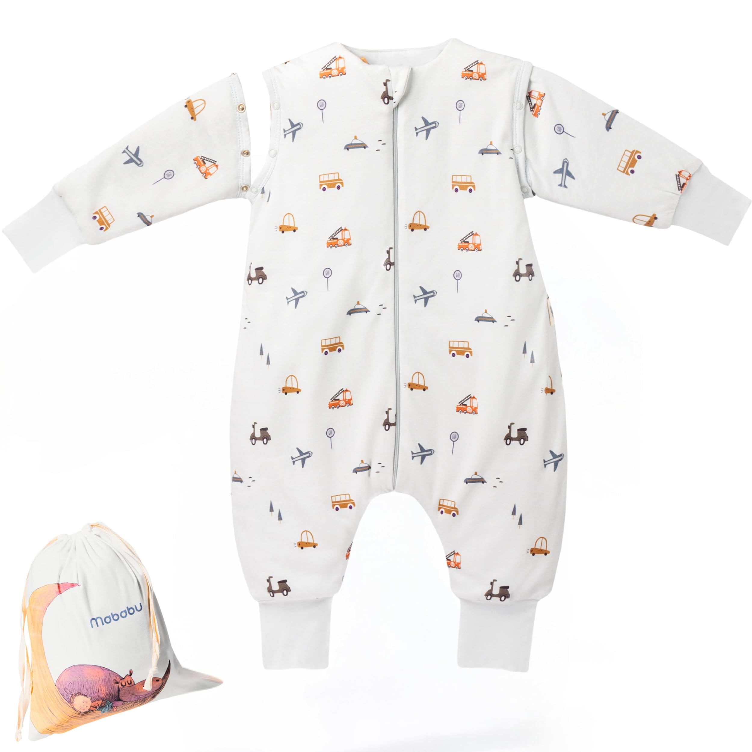 Saco de dormir para bebé de todo el año con pies y mangas desmontables – 1,5 TOG – 100% algodón orgánico GOTS – Saco de dormir infantil para todo el año con pies – puños plegables – Car