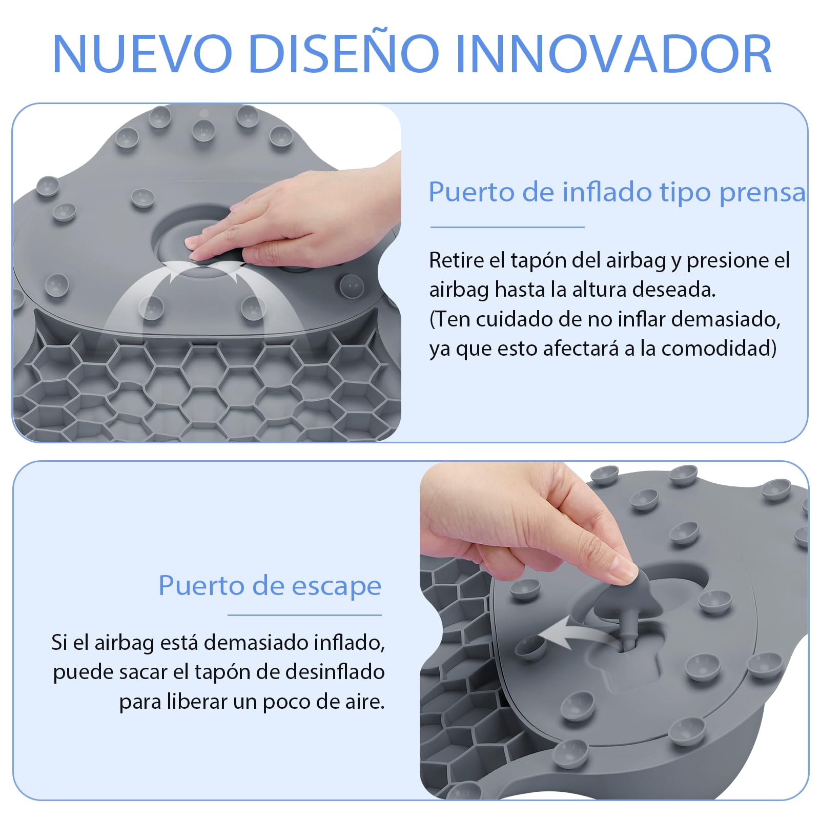 Almohada de Baño de Silicona, Soporte para Cabeza/Cuello/Espalda y Airbag Inflable 4D con Sistema de Presión, Ventosas Antideslizantes Reforzadas, Secado Rápido, Fácil de Almacenar L