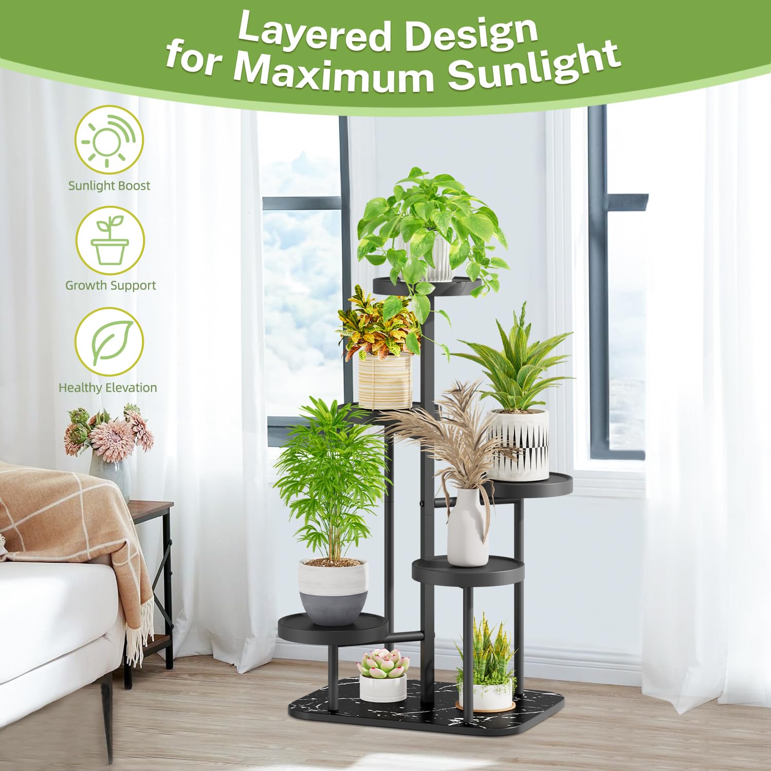 iDavosic.ly Pflanzenständer Metall Kunststoffe mit 5 Ebenen, Blumenständer Blumenregal Pflanzenregal Outdoor, Plant Stand Indoor Mehrstöckig für Draußen, Wohnzimmer, Balkon, Terrasse, Hof (Schwarz)