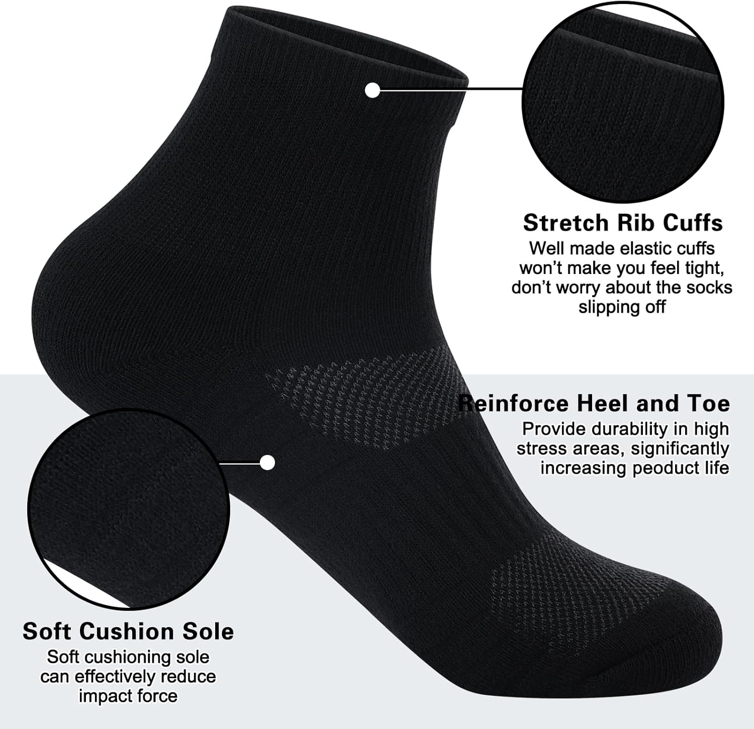 Mens 100% Cotton Cushioned Ankle Socks, Moisture Wicking Breathable Athletic Performance Running Quarter Socks - Image 5