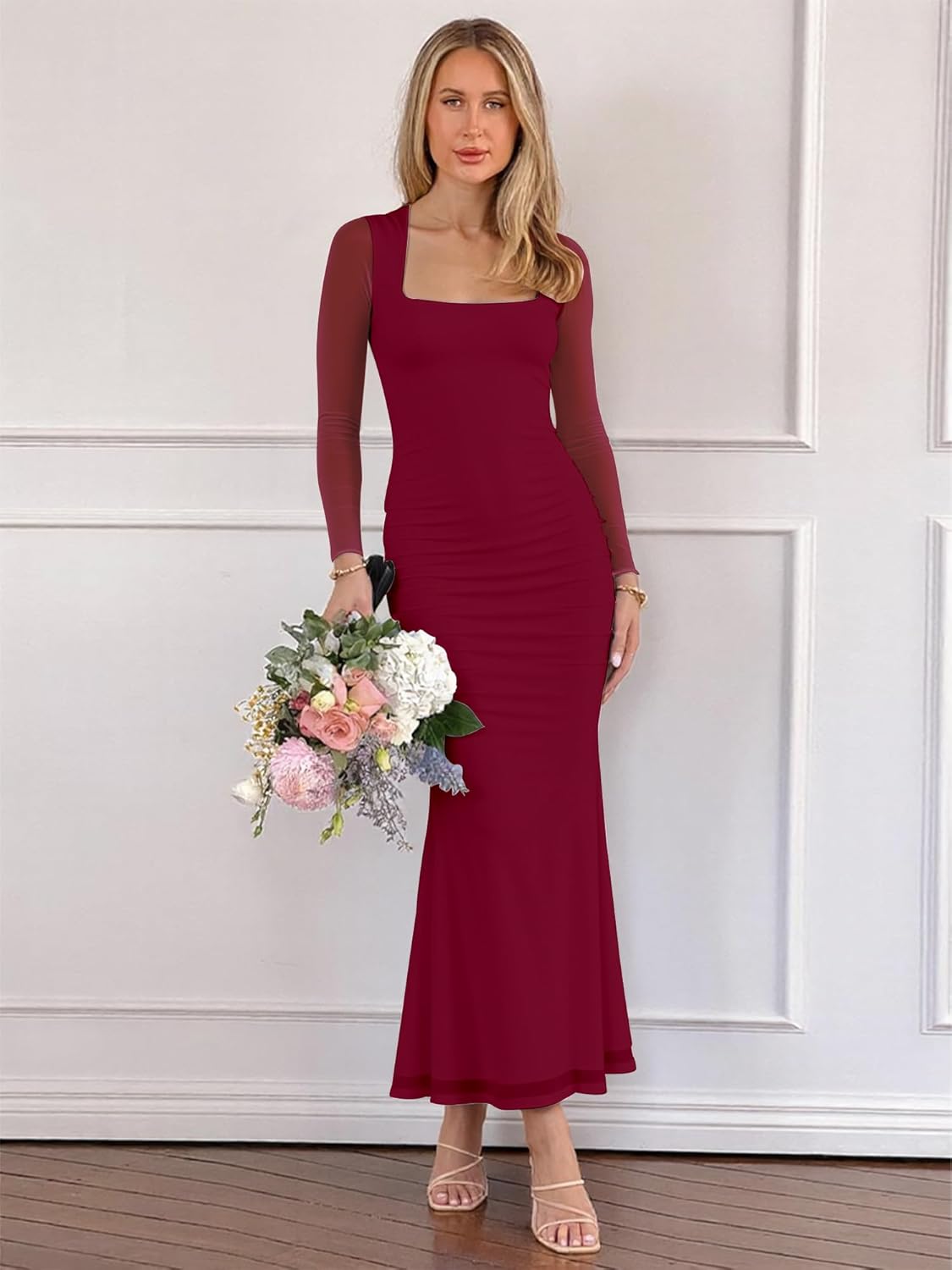 BORIFLORS Women's Ruched Bodycon Long Sleeve Maxi Dress Mesh Square Neck Cocktail Party Long Dresses - Image 2