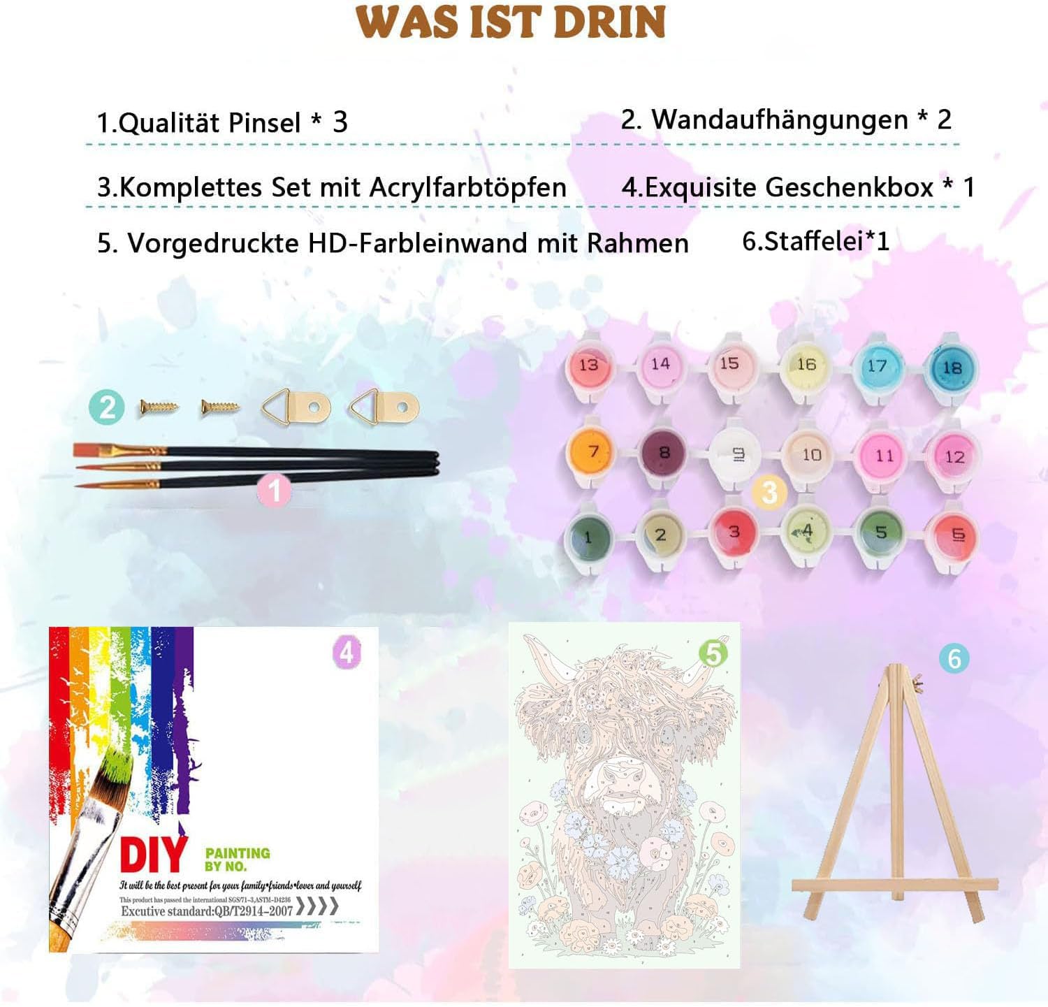 Gemartmall Cow Painting by Numbers Children from 7 8 9 10 with Frame Easel - Painting by Numbers Animals for Gift DIY Craft Set 20 x 20 cm