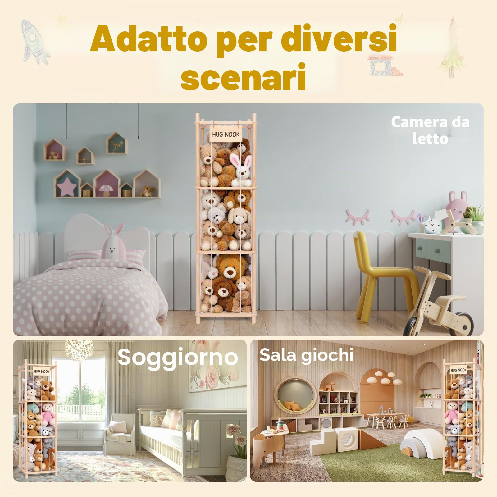 Porta Peluche Verticale, Contenitore per Animali di Peluches Salvaspazio, Porta Giochi Contenitori in Legno, Organizer per Giocattoli di Peluche per Stanza da Gioco per Camera da Letto, Casa