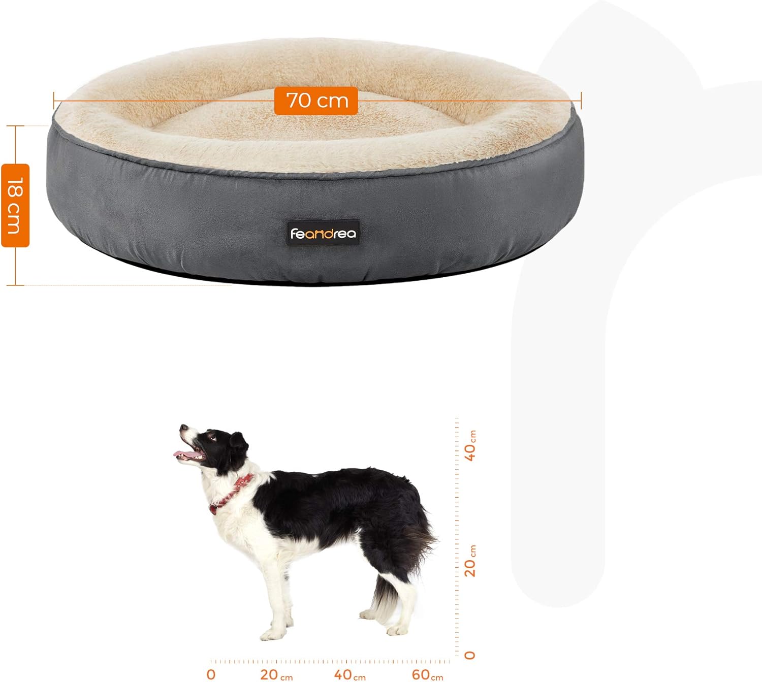 FEANDREA Cuccia per Cani, a Forma di Ciambella, 70 cm, Grigio Scuro PGW070G02