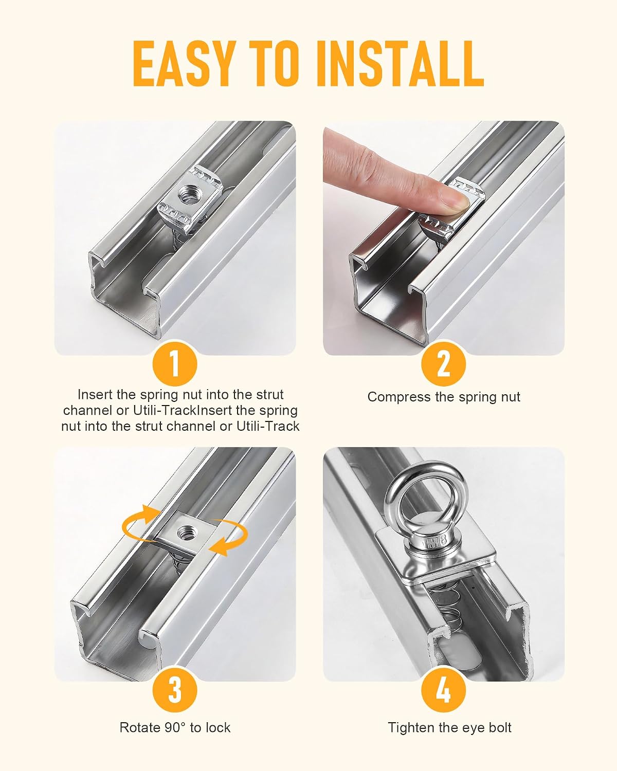 Strut Channel Nut and Eye Bolt Set - Heavy Duty Stainless Steel Eye Bolts M8, M10 | Zinc Plated Spring Nuts, Long Spring for Unistrut, M8, Pack of 4