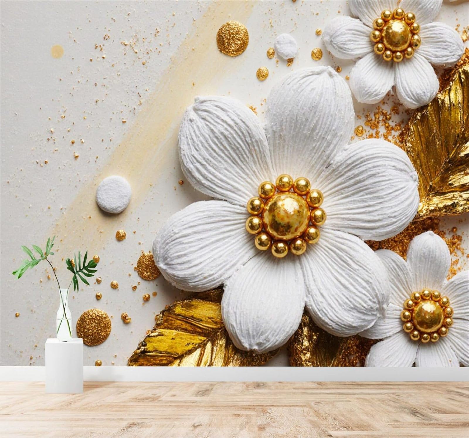 XLMING White Flowers Petals Texture Golden Leaves 3D Wallpaper Silky Texture Home Study Office Grey Dining Room Sofa Bedroom Living Room TV Backdrop-400cm×280cm