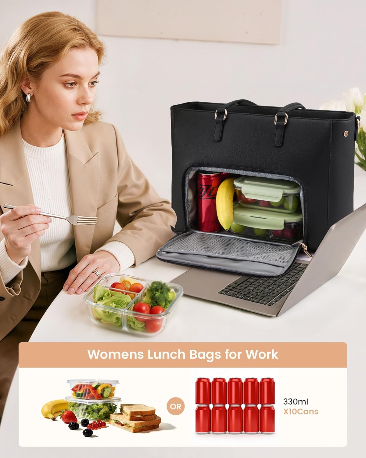 LOVEVOOK Lunch Tote Bag for Women, 3 in 1 Work Bag with Insulated Lunch Compartment, Laptop Bag with Large Cup Holder for Office, College, Casual, Black - Image 5