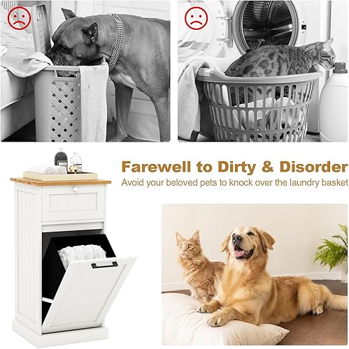 Miniatura 8 de Giantex Gabinete de cesta de lavandería inclinable, gabinete de almacenamiento de baño con cajón, cesta de lavandería extraíble, encimera de bambú,