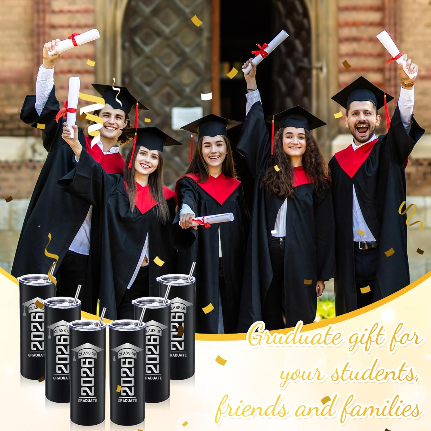 FoldTier 6 Pcs 2026 Graduation Gift Bulk Grad Tumbler Class of 2026 Graduate Cup 20oz Water Bottle Mug Stainless Steel with Lid Straw Brush for Her Daughter Sister Him Son Friend College (Black)