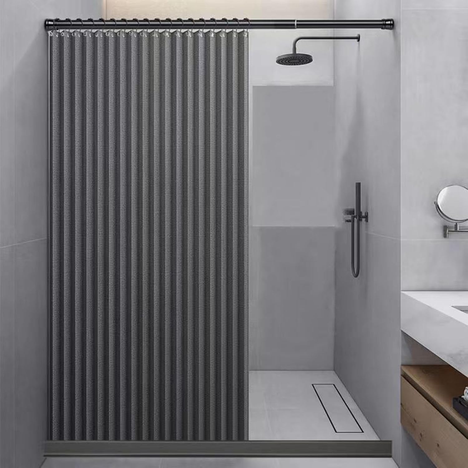 Rideau de douche pliant en lin épais gris pour une salle de bain moderne et sèche