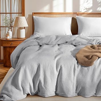 LBRO2M 100% France Linen Duvet Cover Set 3 Pcs Natural Flax Duvet Cover Set 2 Pillowcase 1 Duvet Cover with Zipper Gray Full