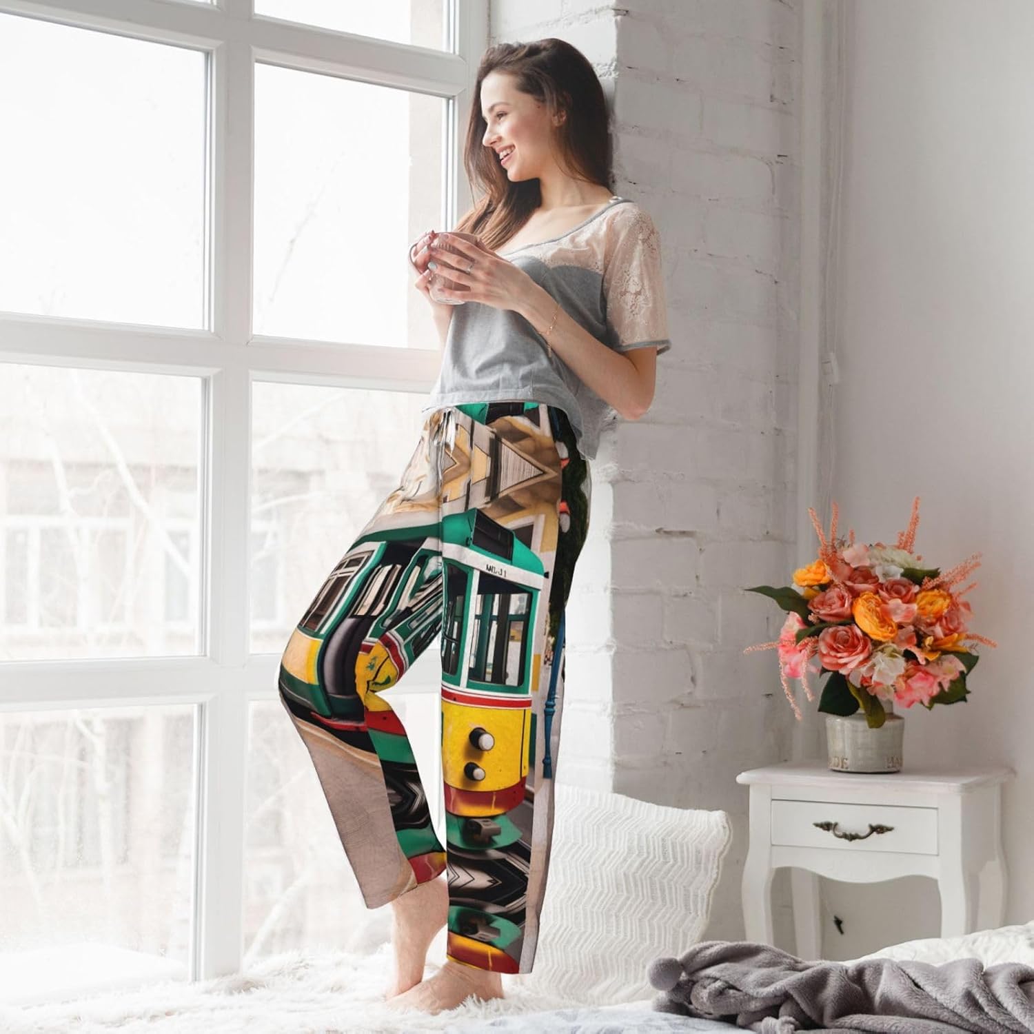 Lisbon Tram Pattern Print Cozy Christmas Pajama Pants,Flannel Pajama Bottoms,Cater To Various Body Types