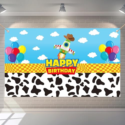 Cartoon Toy Inspired Story Birthday Backdrop 6.1×3.5 FT Blue Sky White Clouds Birthday Banner Kids Party Cake Table Decorations Photography Background Cloth