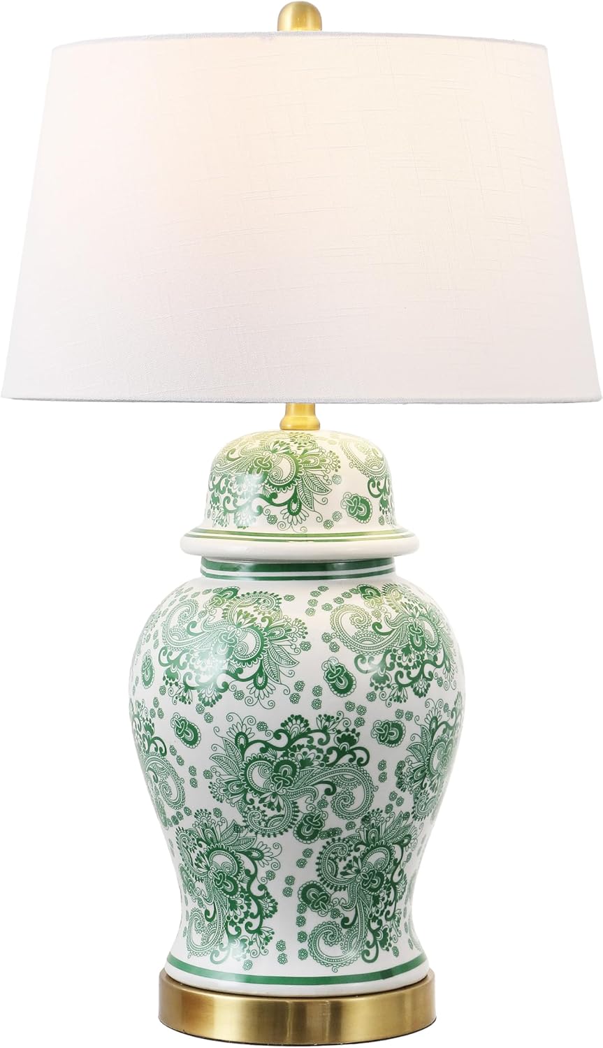 JONATHAN Y 29.5" Green/White Ceramic Table Lamp for Living Room and Office, White Linen Drum Shade, Traditional Chinoiserie Ginger Jar Lamp, LED Bulb Included (JYL3008D)