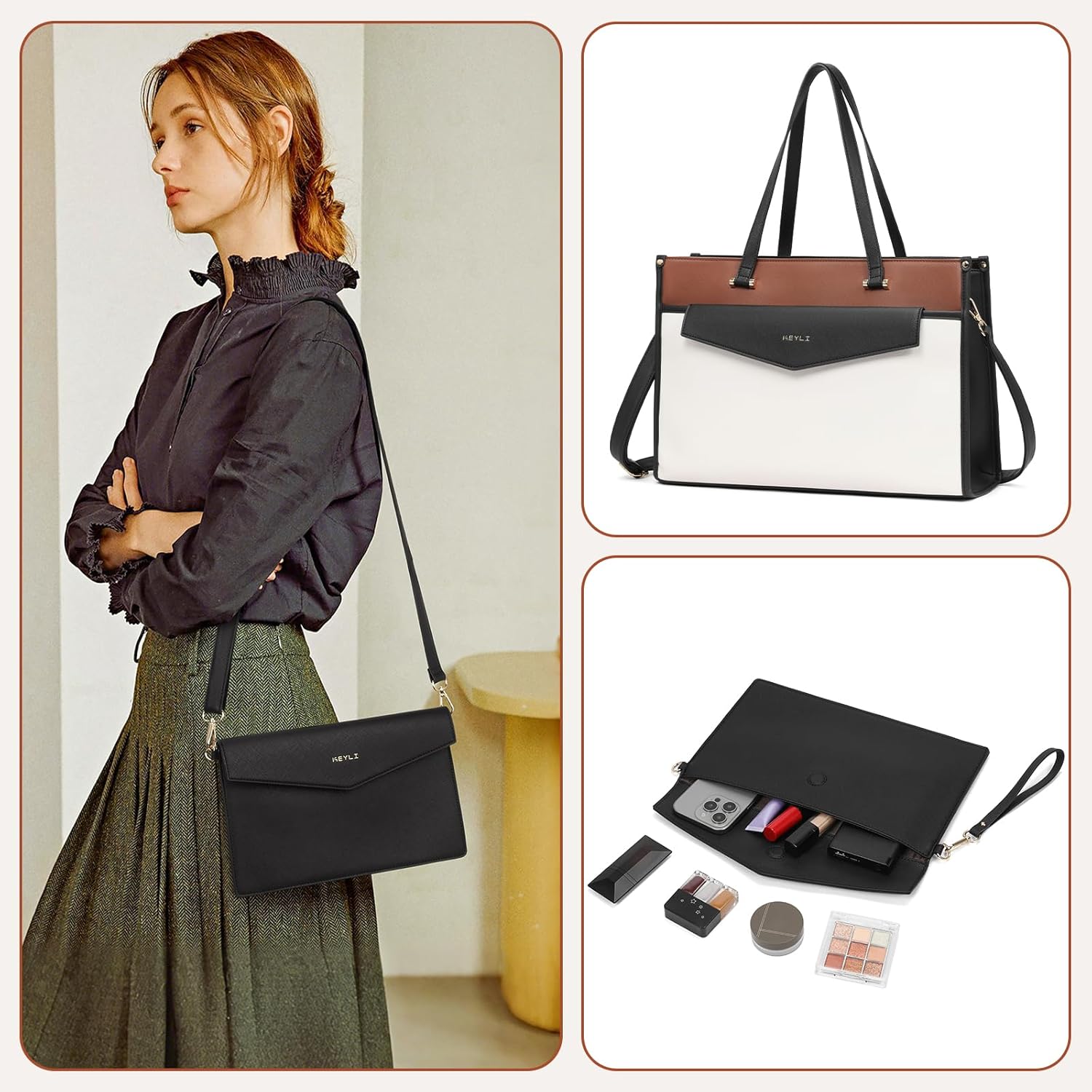 Keyli 3pcs Laptop Bag for Women 15.6 Inch Leather Work Tote Bags Professional Business Office Computer Shoulder Briefcase - Image 5