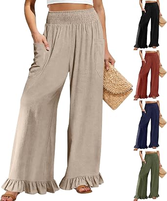 Womens Cotton Linen Casual Pants Wide Leg Ruffle Hem Palazzo Pants Elastic High Waisted Flowy Beach Vacation Outfits