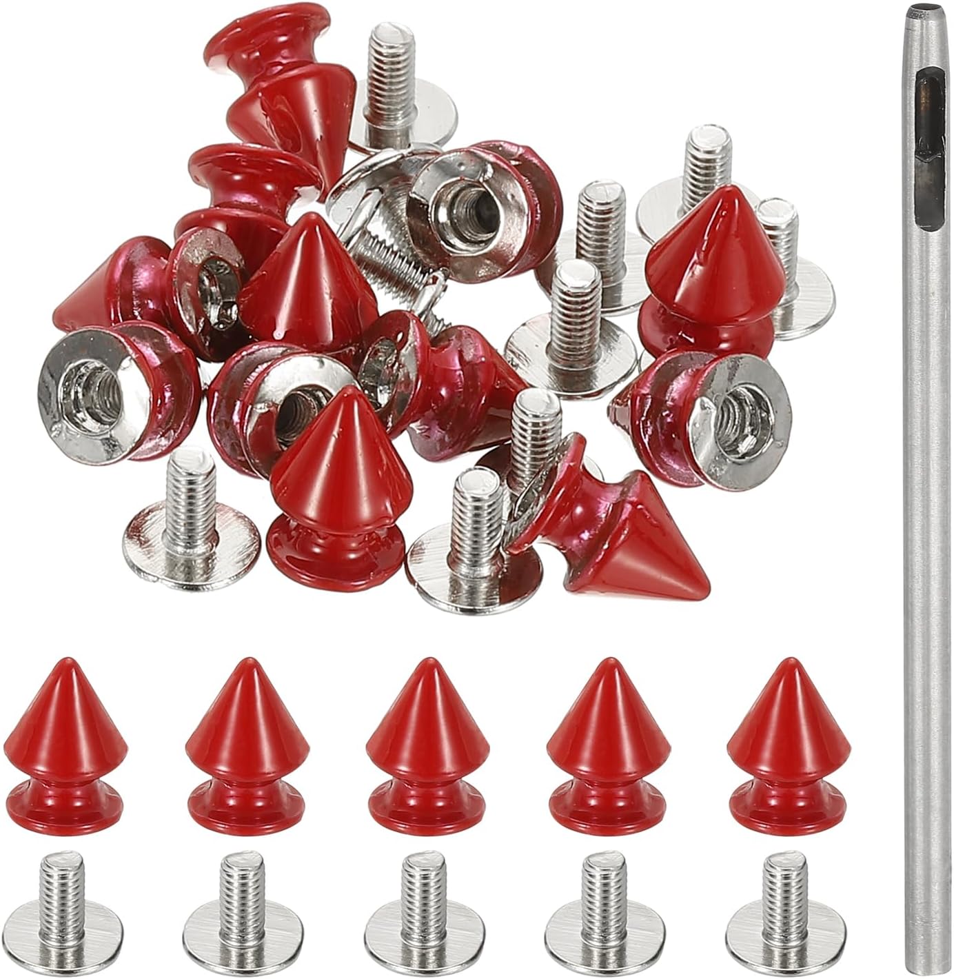 PATIKIL 12mm Studs for Clothing, 12 Sets Spikes for Clothes Studs and Spikes Leather Rivets Metal Cone Punk Spikes Screw Posts with Hole Puncher for Leather Jacket Fabric, Red