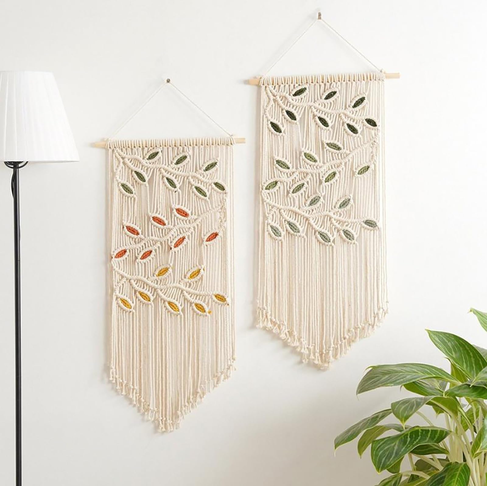TaLcuS Boho Macrame Wall Hanging with Tassels & Wooden Beads – Handwoven Green Black White Leaves Tapestry for Bedroom, Living Room, Apartment(1set)